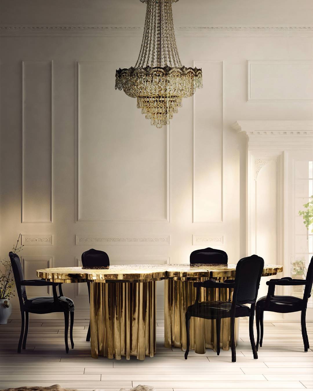 Dining Tables - dining room with golden hanging lamp, luxurious golden dining table, black chairs and plants