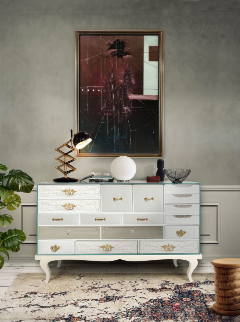 Boca do Lobo's iconic clear version of the Soho Sideboard, showcasing eclectic varied drawers with exquisite gold-plated brass hardware in a sophisticated contemporary interior.