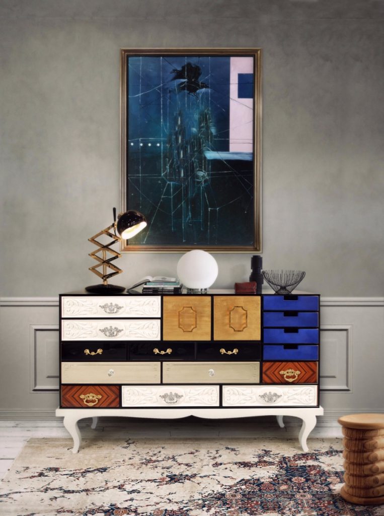 Boca do Lobo's iconic Soho Sideboard, a masterpiece of craftsmanship featuring multiple eclectic drawers and white cabriole legs in a contemporary interior.