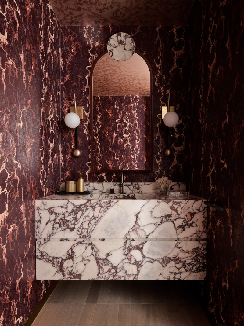 Pink marble bathroom design. designed by Greg Natale