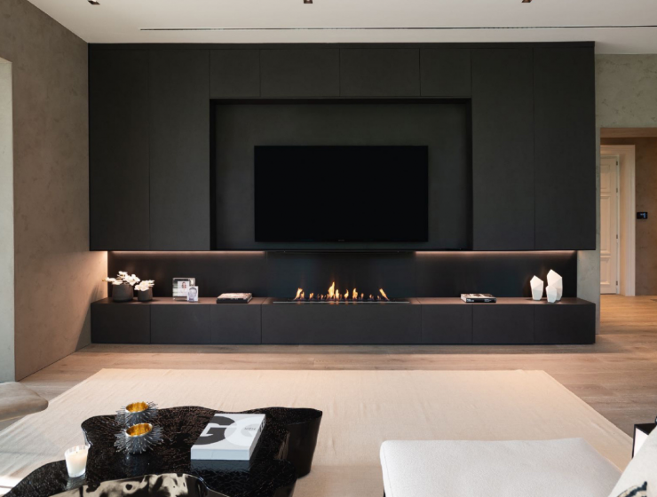 modern living room with a black center table