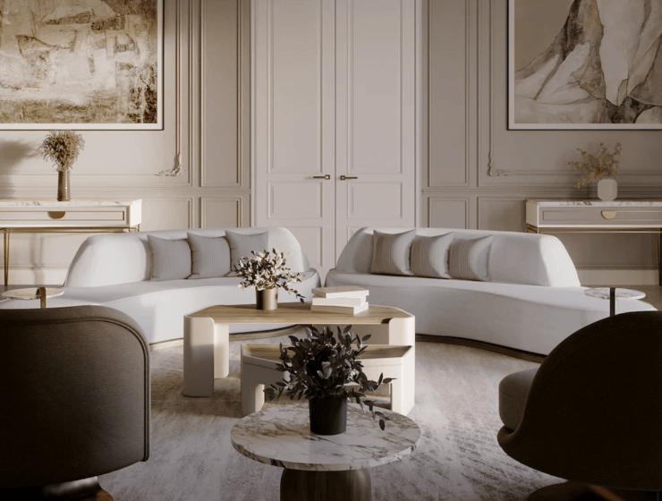 modern living room with neutral tones and curved sofa