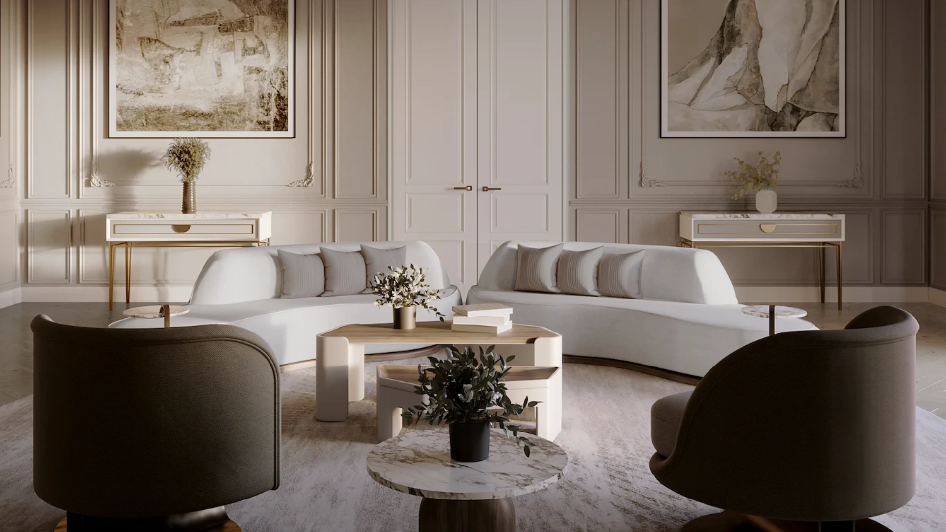 modern living room with neutral tones and curved sofa