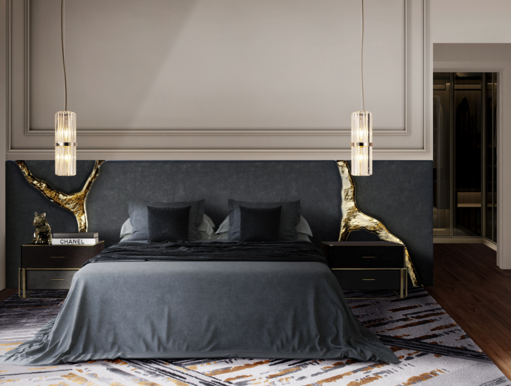 luuxry master bedroom with a black and gold headboard