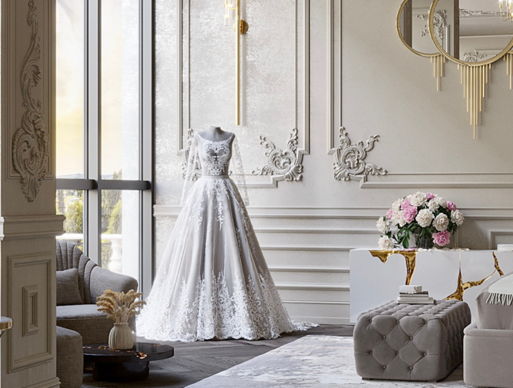 a luxury bedroom with a bride dress