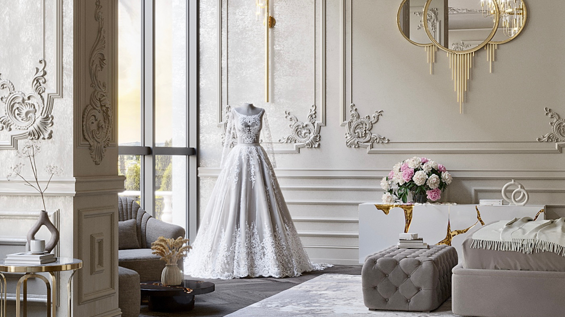a luxury bedroom with a bride dress