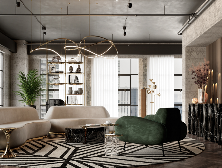 luxury living with a nude curved sofa, a faux-marble console