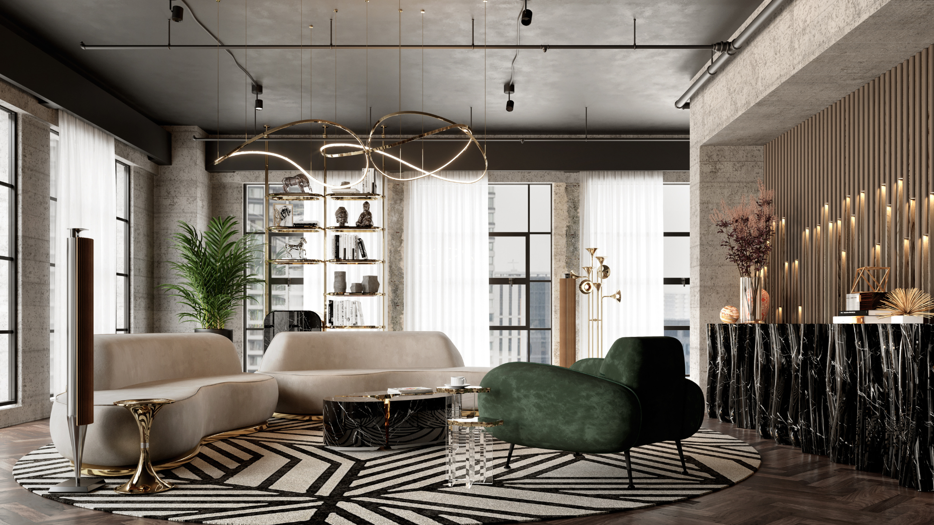 luxury living with a nude curved sofa, a faux-marble console