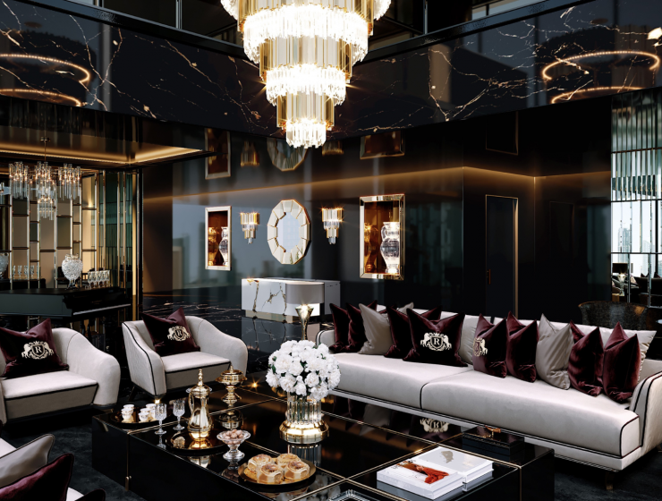 luxury living room with black tones and masculine vibes