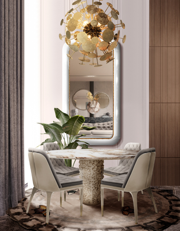 luxury dining room with a golden suspension lamp, marble dining table and grey chairs for your dining room