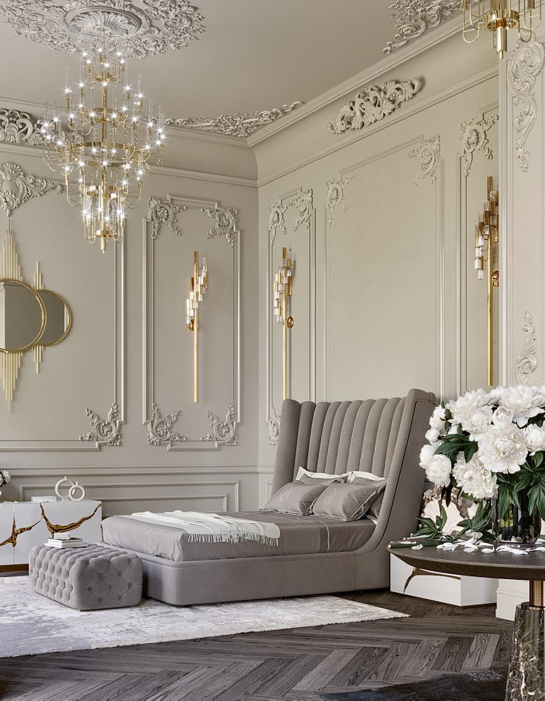 lxuury bedroom with gold details