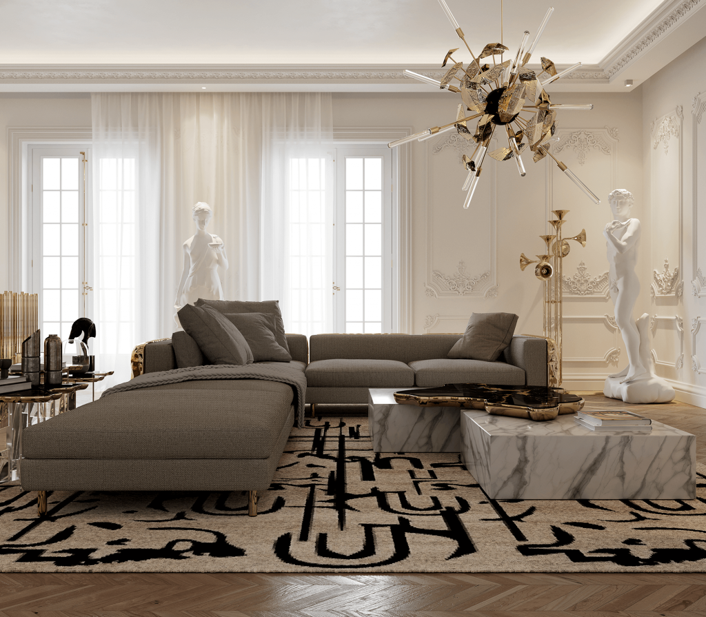 luxury living room with a grey modular sofa and marble center table