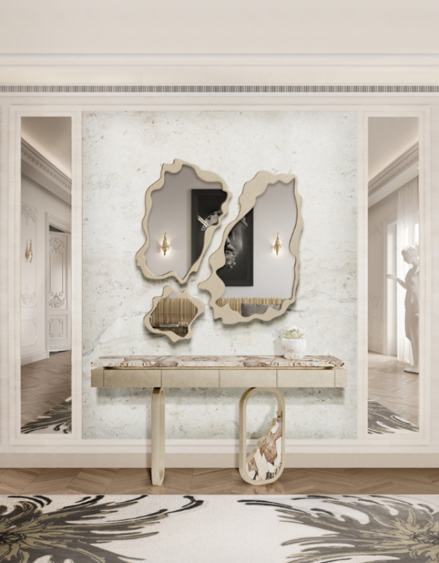 one of the most amazing mirrors, a set of three pieces in a nude-toned interior design