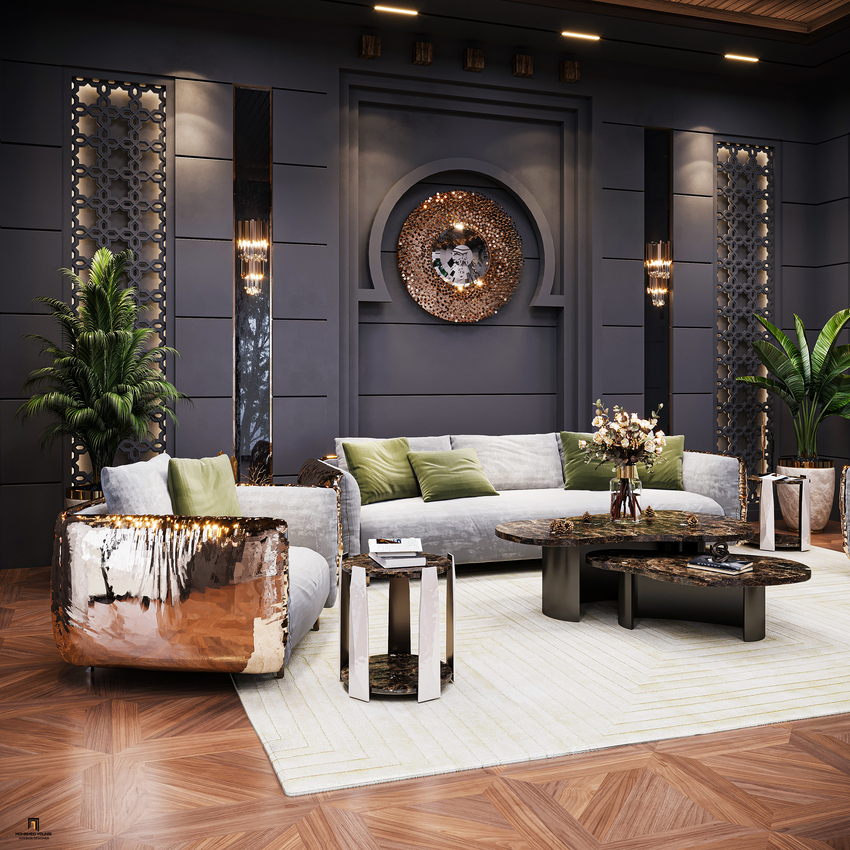 dark luxury living room with grey sofas and armchairs, a brown marble center table, a gold mirror and chandelier