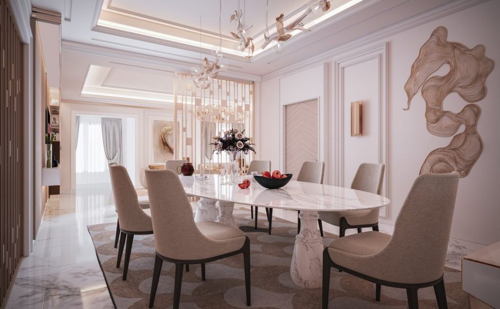 sala de jantar de luxo com mesa de jantar em mármore, aparador branco e gbold e cadeiras creme