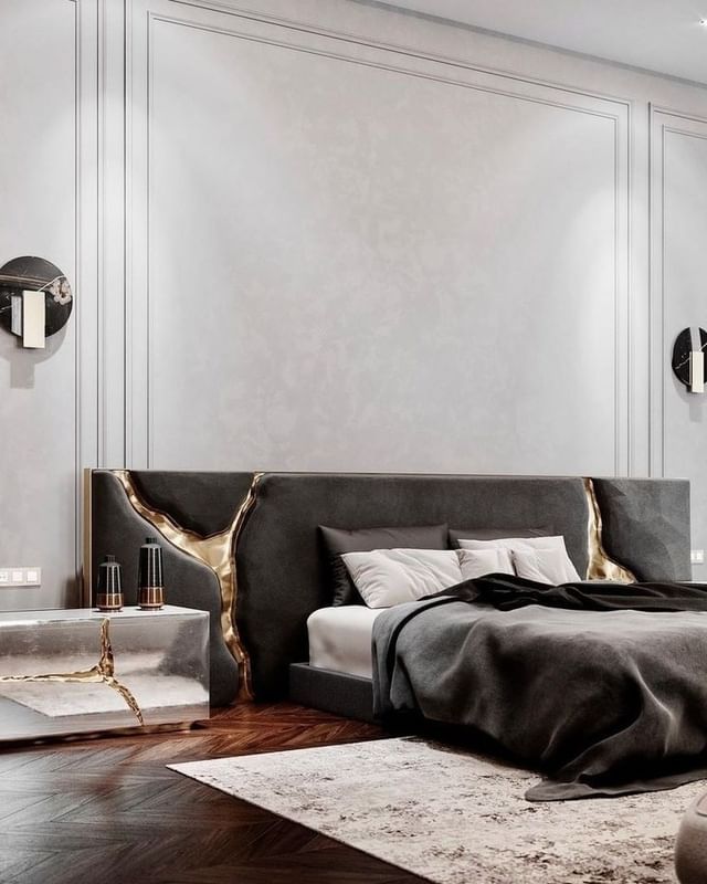 dark master bedroom design with gold suspension lamp -  modern classic ebook