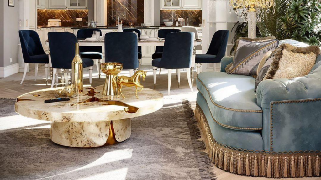 Modern Classic Living Room With The Empire Poplar Root Center Table