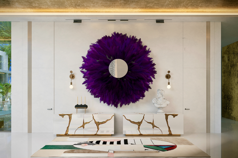 palace - entrance hall with two white sideboards with golden details, purple exquisite mirror