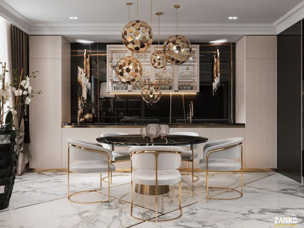 dining room with a black marble dining table, a gold suspension lamp - furniture design