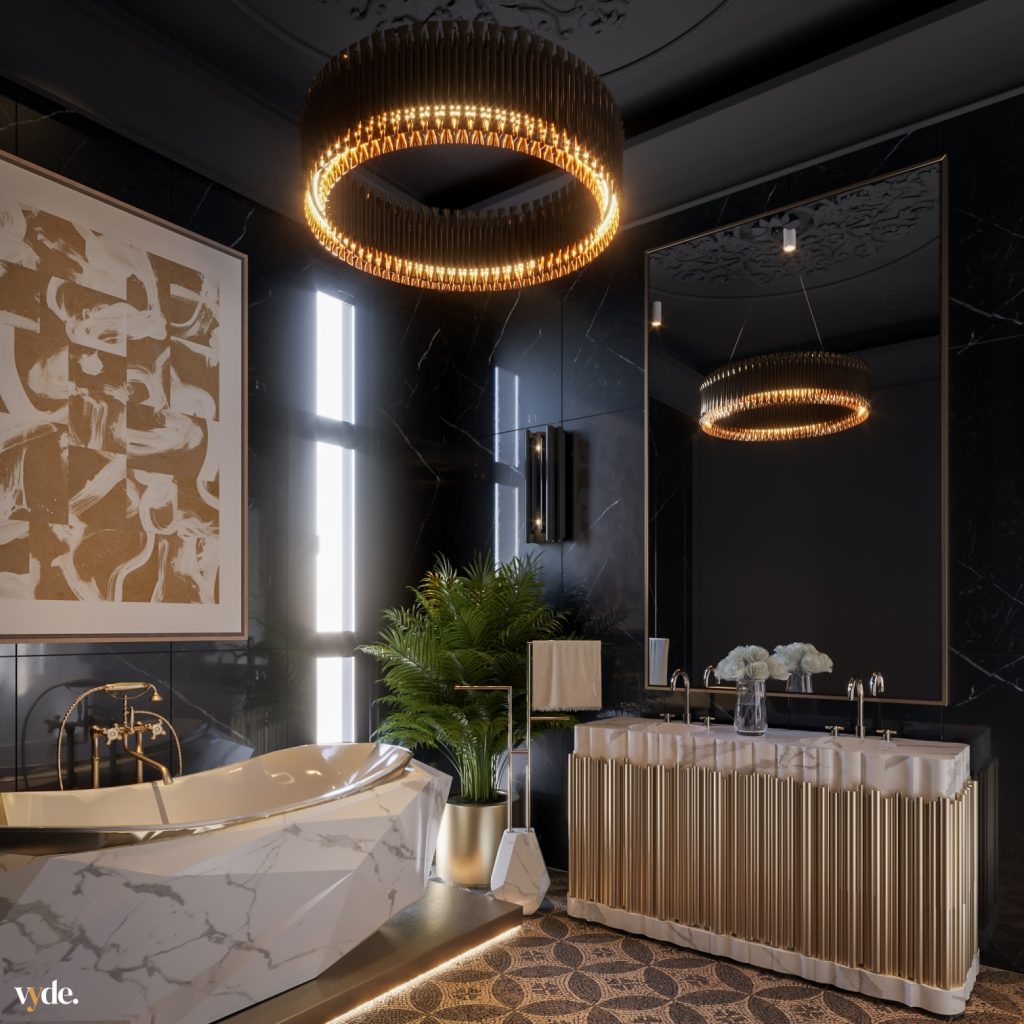 black bathroom design with a gold washbasin and a marble bathtub