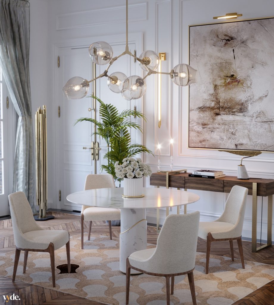 modern classic dining room with a marble dining table and cream chairs