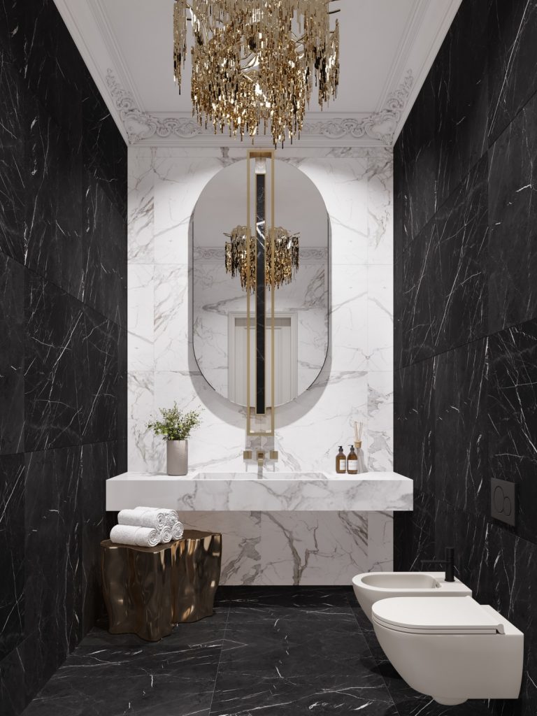 white and black marble bathroom