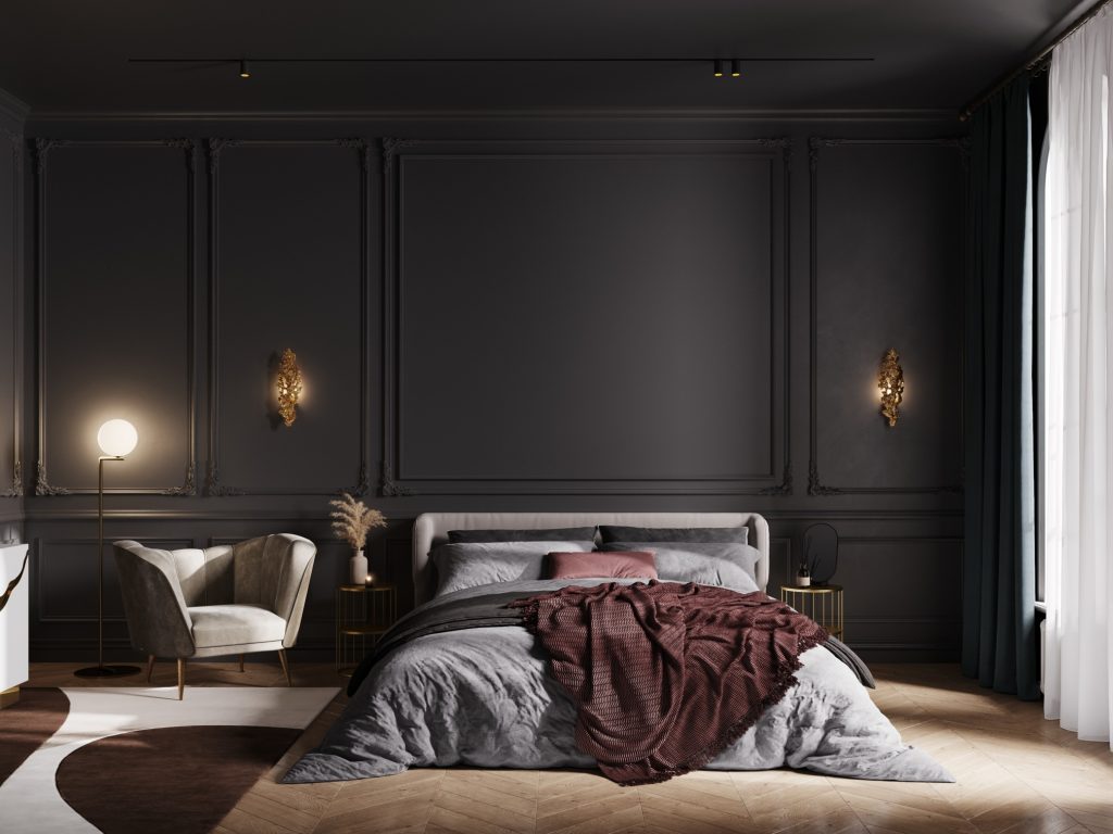 dark master bedroom with grey furniture