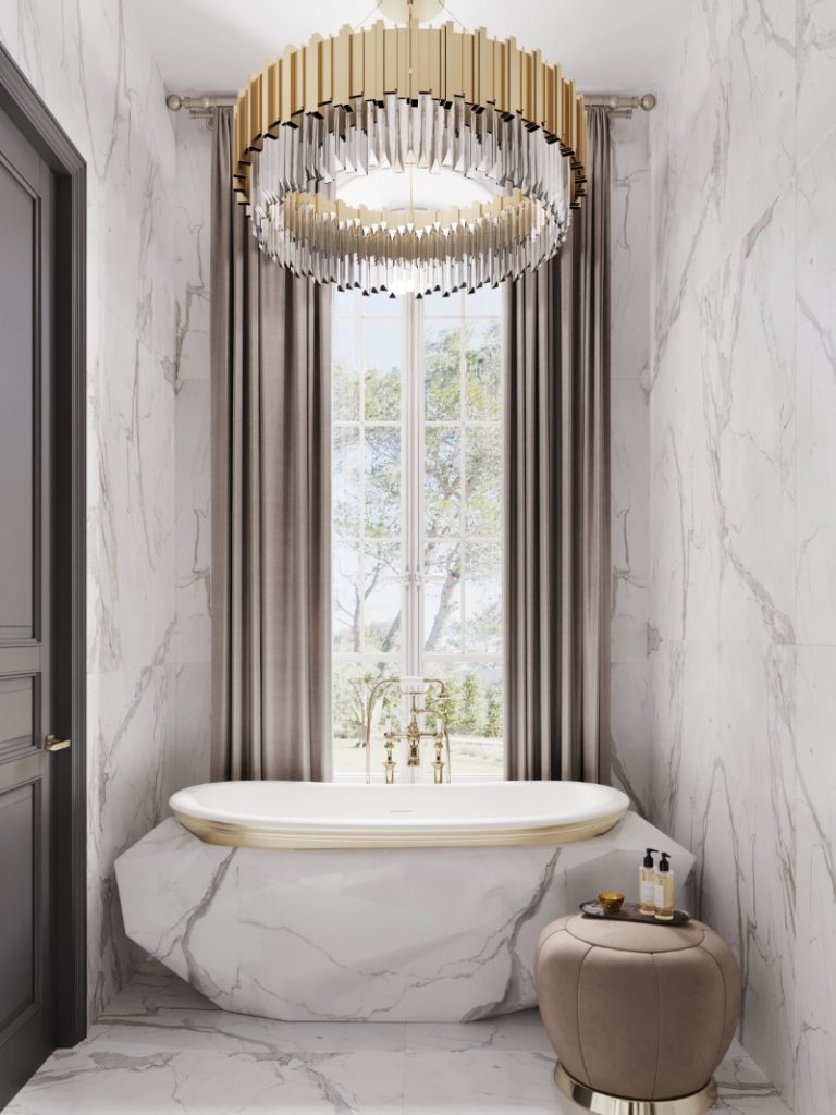 marble bathroom design with gold details