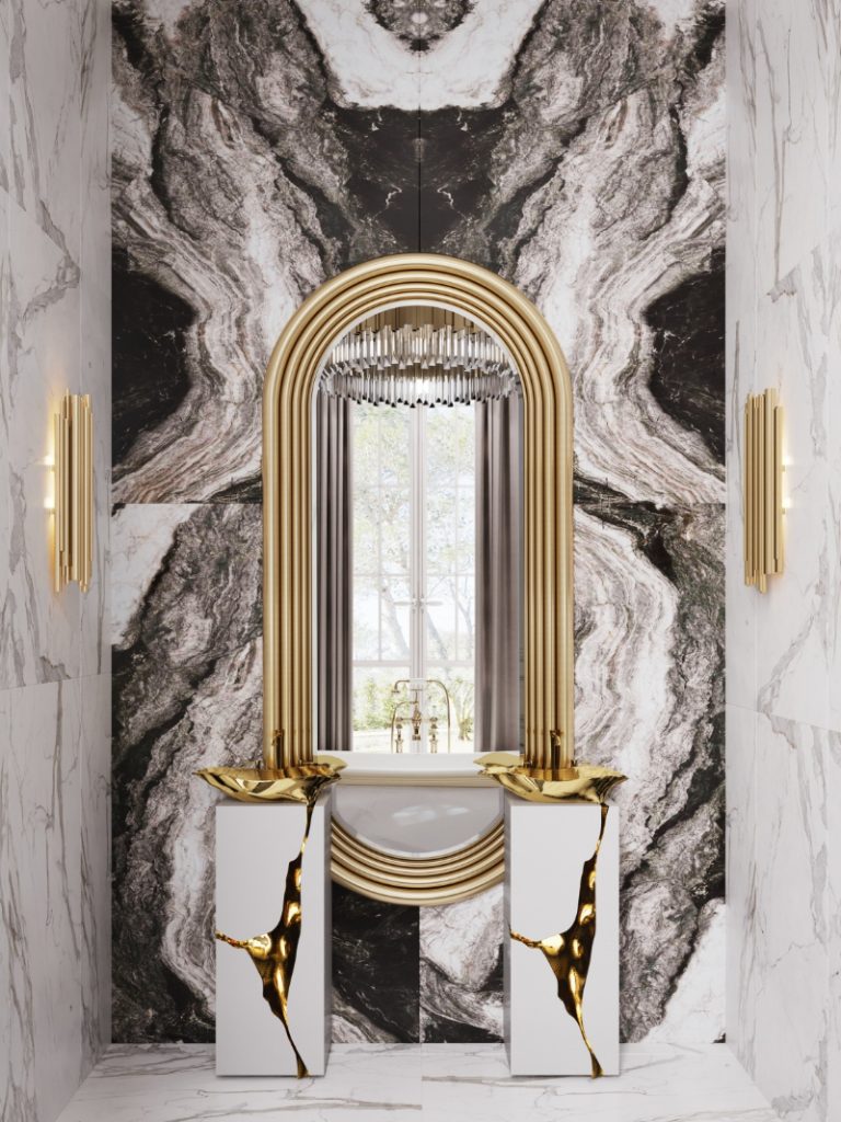 marble bathroom design with gold details