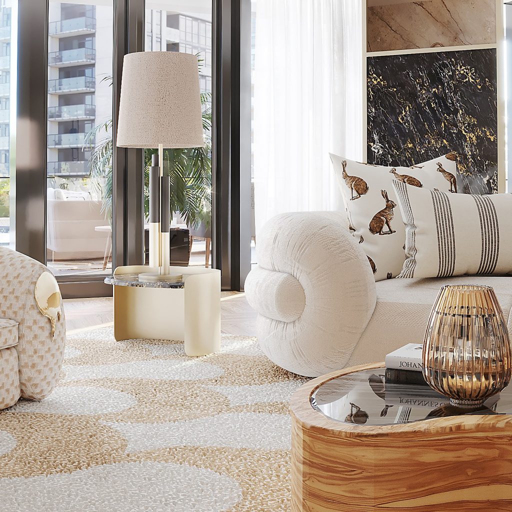neutral tones in a living room with a cream curved sofa, a cream and beige armchairs and a wood curved center table