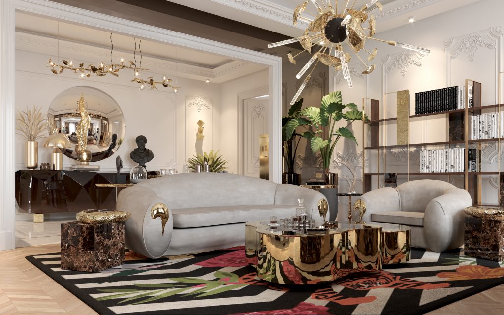 home office design with cream sofa and armchairs, brown marble side table and a gold wave center table