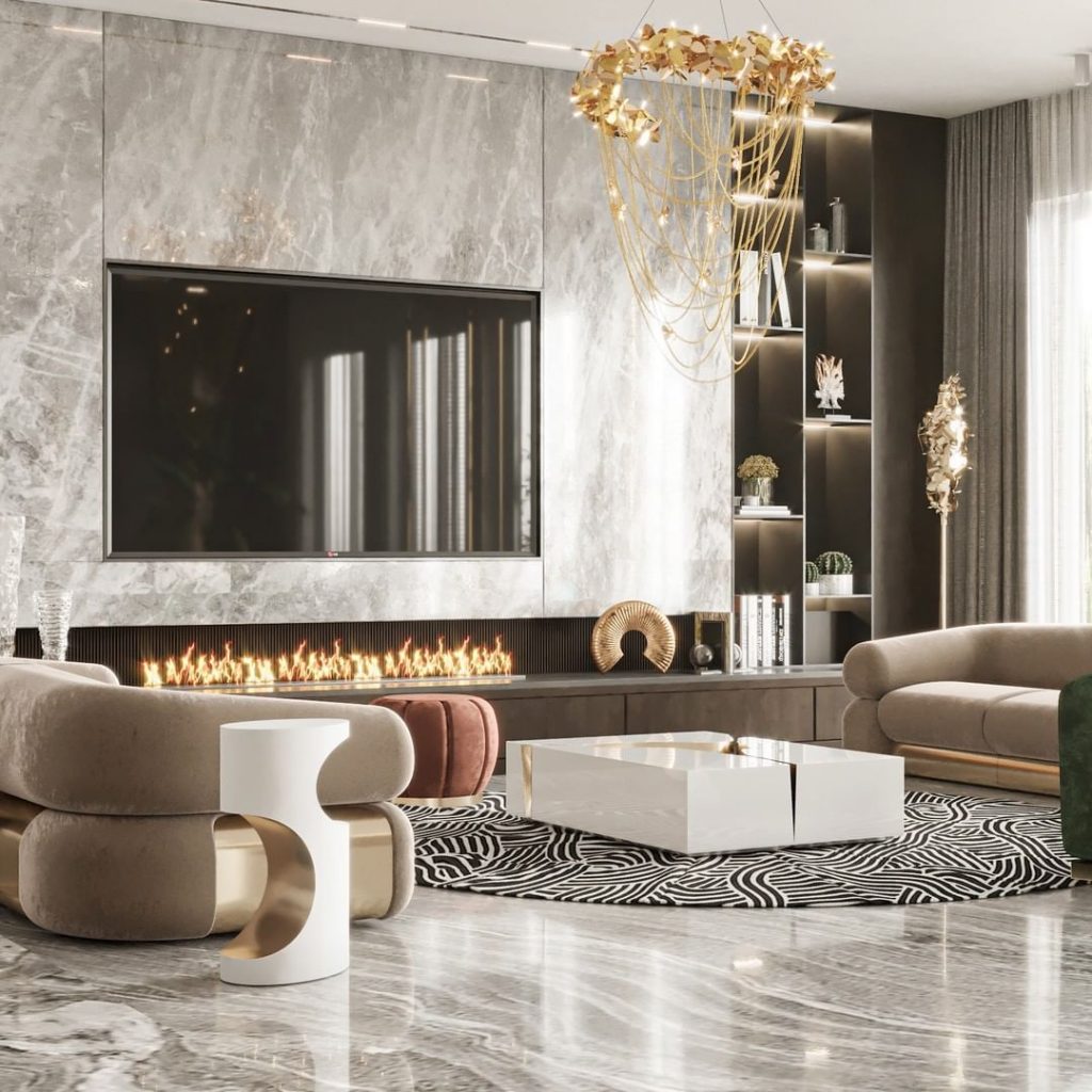center tables - contemporary living room with neutral tones, a golden suspension lamp and a white center table with golden details