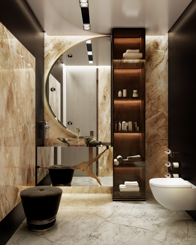 contemporary - luxury bathroom with a mirrored washbasin with golden details