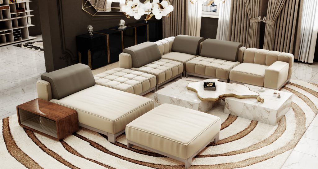 contemporary - luxury living room with marble and golden details, nude sofa and golden suspension lamp
