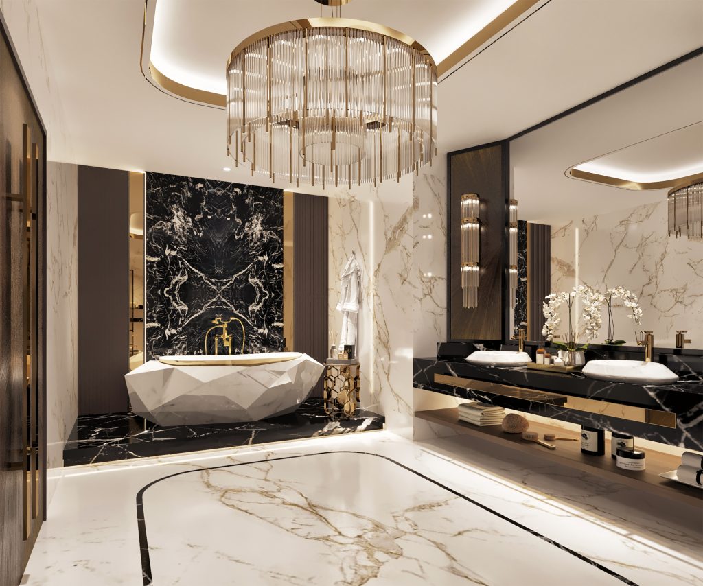Contemporary - luxury marble bathtub with a marble washbasin, golden chandelier