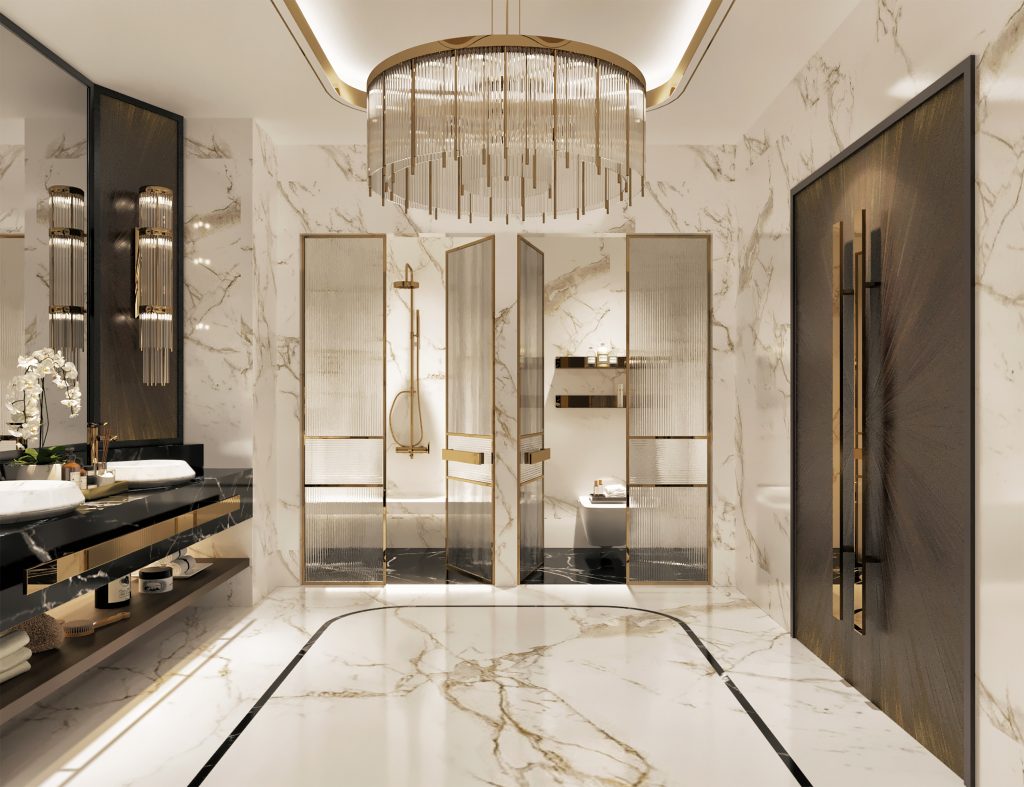Contemporary - marble black and white details, golden details