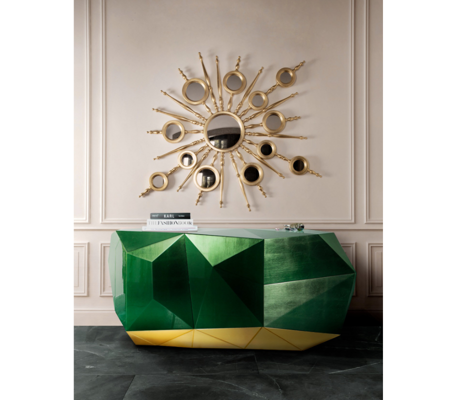 Sideboards - luxury esmerald sideboard with golden in the base, golden set of mirror design