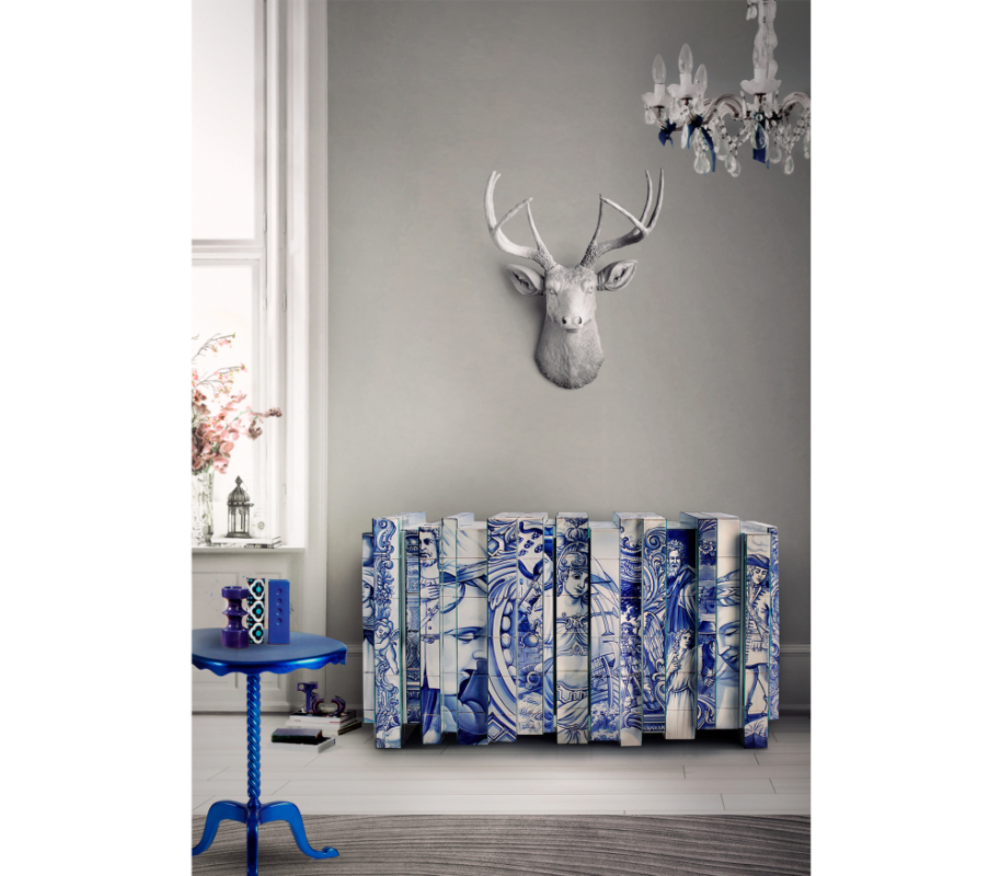 Sideboards - hand-painted tiles sideboard blue, blue side table and a sculpture on the wall