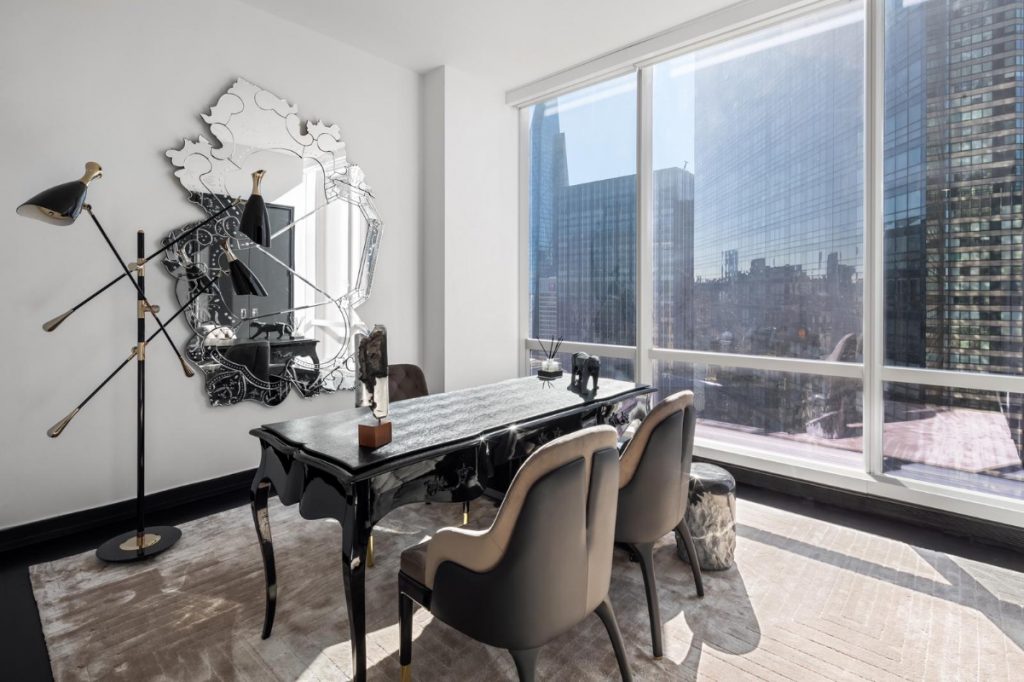 penthouse - home office in grey tones, black desk, luxury mirror design, grey rug