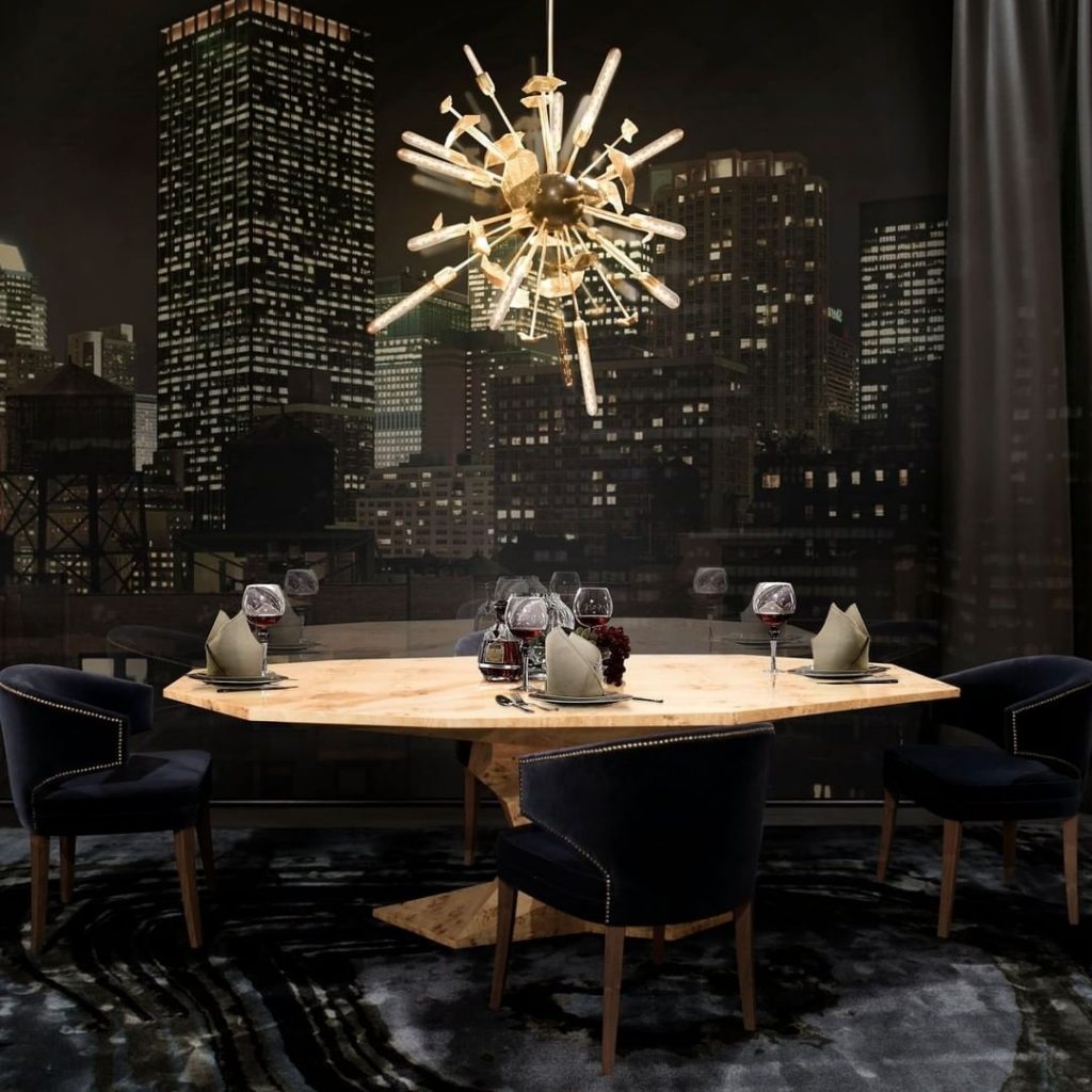 best sellers - golden chandelier in a dark dining room