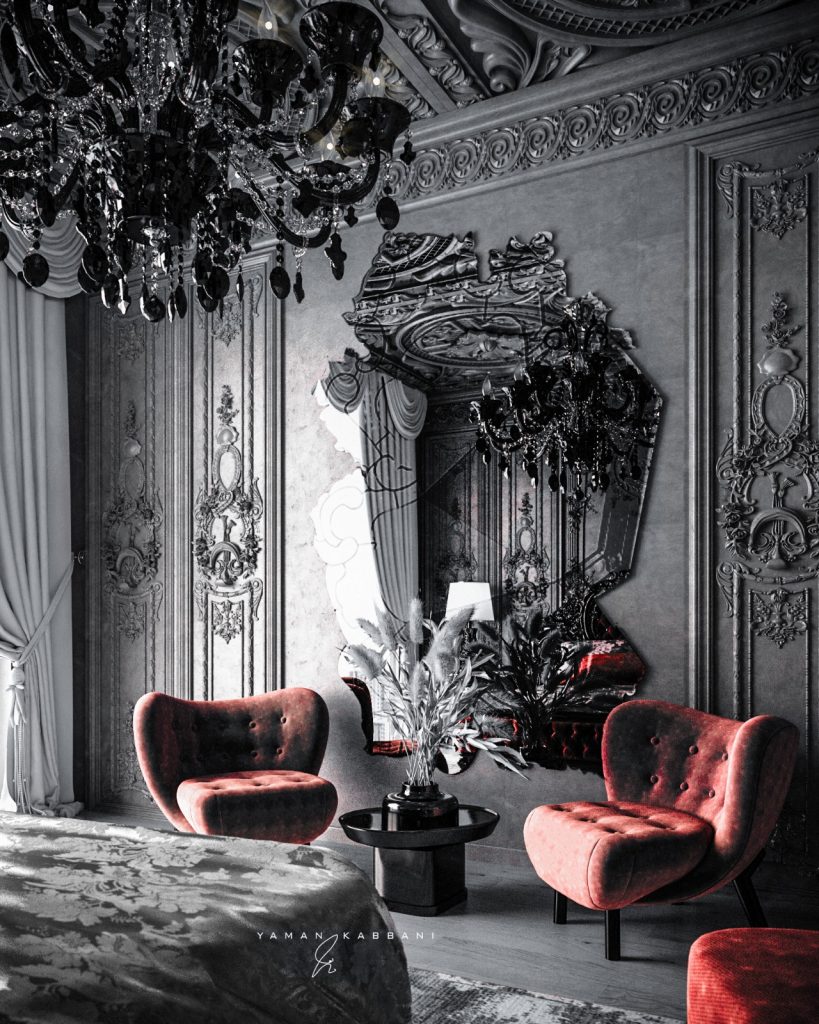 elegant black bedroom with a vintage mirror