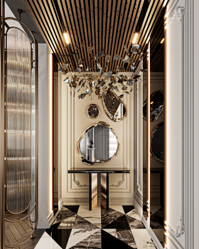 Sharjah - luxury entryway with wood, golden and marble details, a golden set of three mirrors and a black and golden console
