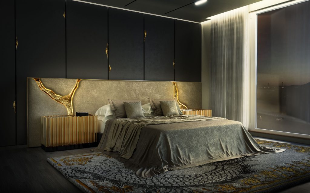 feng shui - luxury master bedroom with a white and golden headboard, two golden nightstands and a big rug