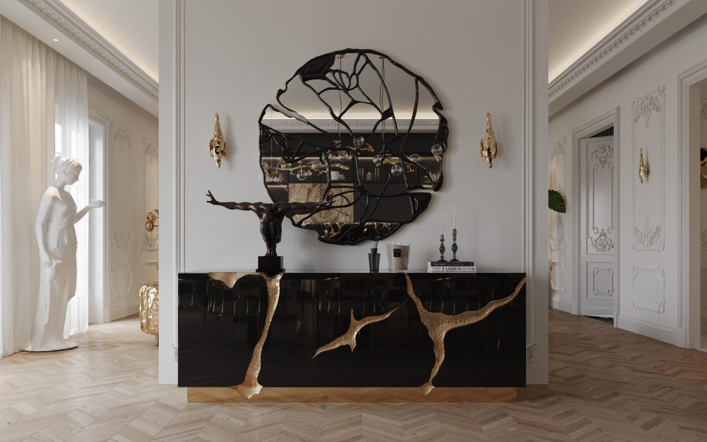 Entryway - black sideboard with golden details