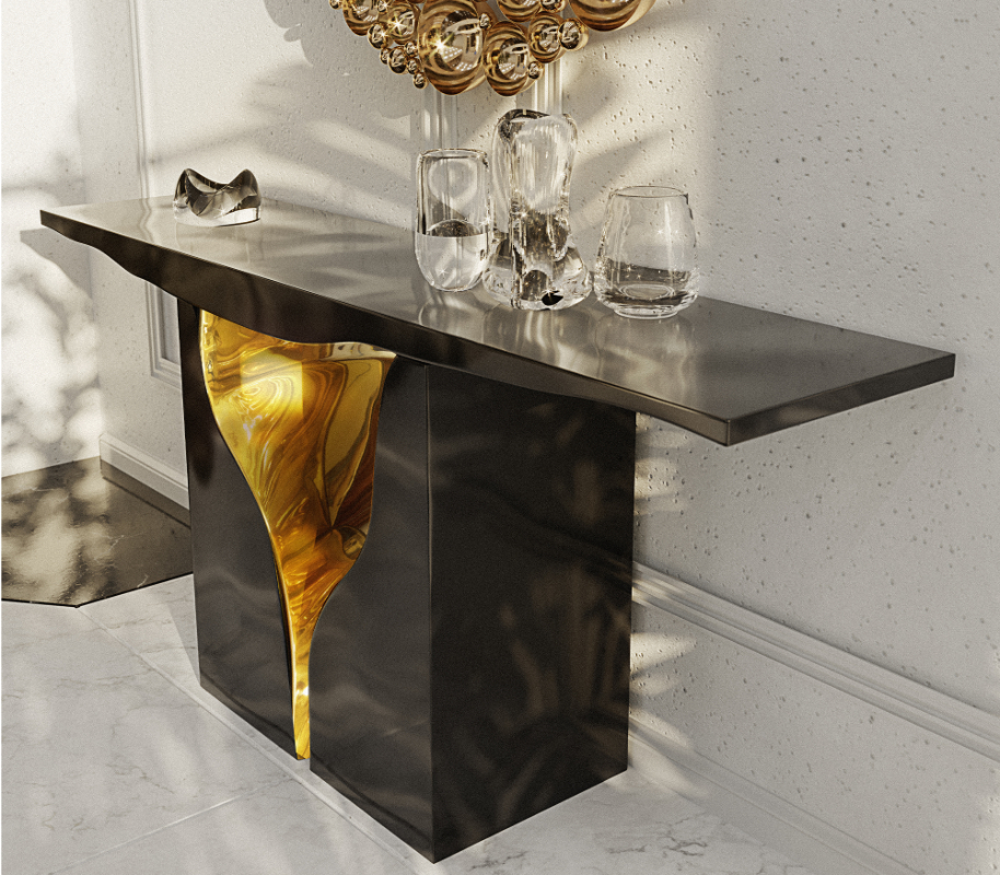 furniture pieces - luxury black console table with golden tones in a entryway with a golden mirror