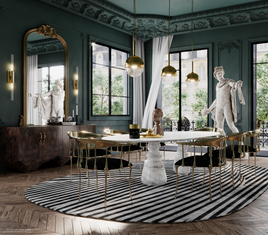 marble trend - green dining room with a white marble dining table, golden dining chairs with black seats, three golden suspension lamps