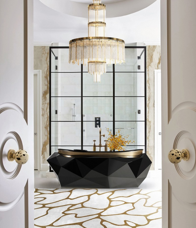 luxury bathroom - luxury bathroom with a exquisite chandelier, a black bathtub with golden and a white rug with golden pattern
