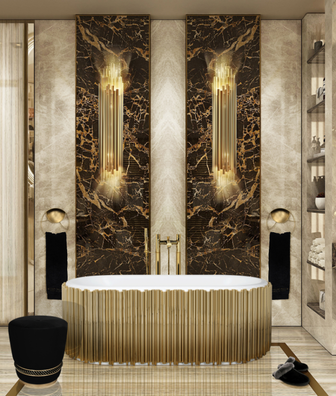 luxury bathroom - golden bathroom with a golden bathtub and a black stool