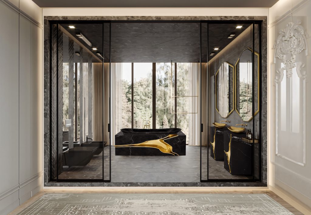 luxury bathroom - Luxurious and modern bathroom with a sophisticated design in dark tones and striking gold accents. In the center, there is a black bathtub with bold gold veining. On the right side, a double vanity with black stone sinks and gold detailing is paired with hexagonal gold-framed mirrors. The walls are covered in elegant dark materials, and the space is enclosed by clear glass panels, offering a view of the lush greenery outside. The floor and ceiling are finished in matching gray marble, creating a cohesive and upscale aesthetic.