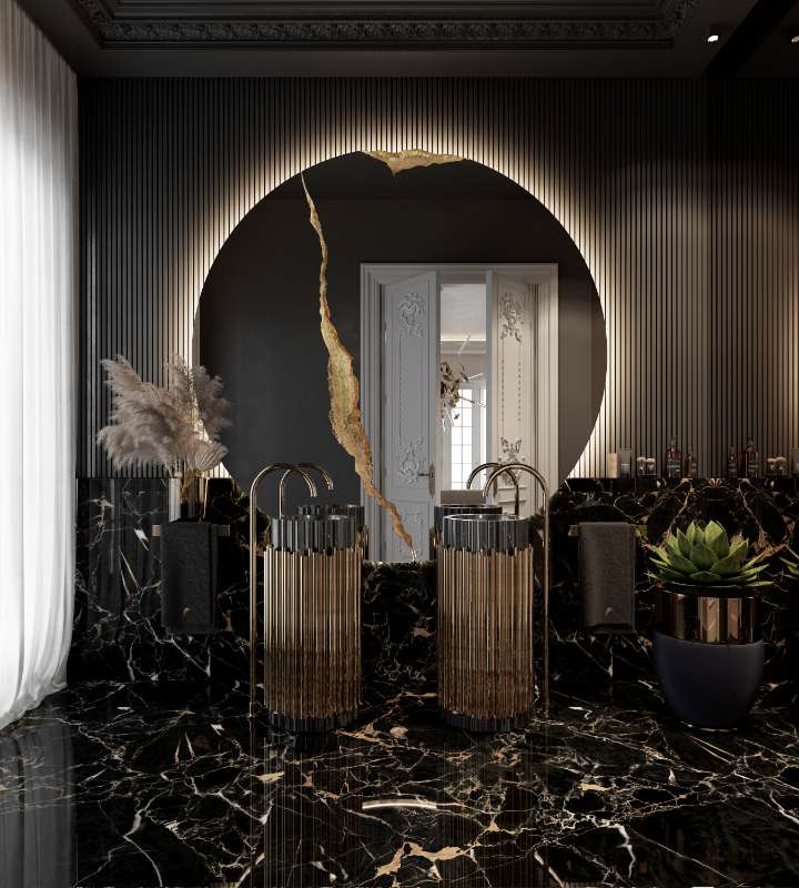 luxury bathroom - luxury dark bathroom with golden freestandings and a round huge mirror with golden assets